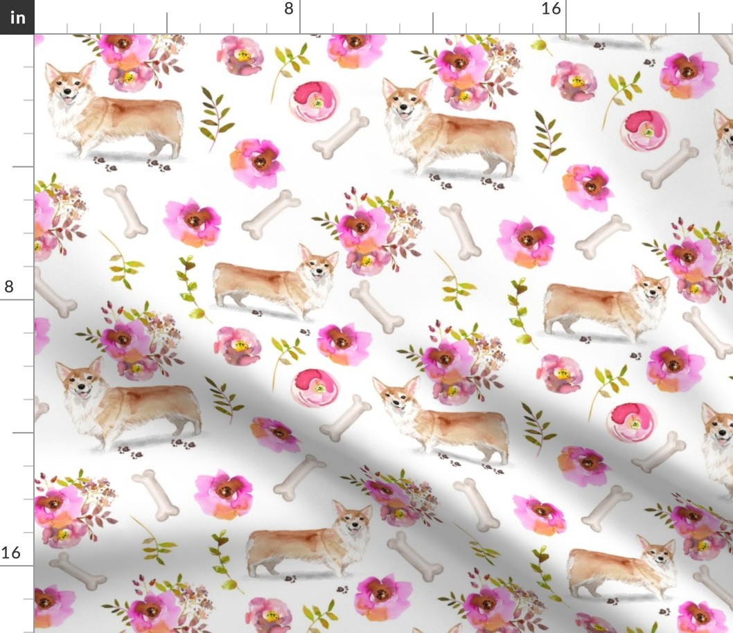 9" corgi floral fabric - dog fabric, corgi fabric, pet fabric, boone fabric, corgi fun fabric - white