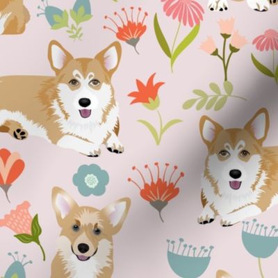12" corgi floral fabric - dog fabric, corgi fabric, pet fabric, corgi fun fabric - pink