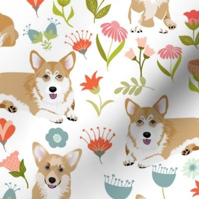 9" corgi floral fabric - dog fabric, corgi fabric, pet fabric, corgi fun fabric - white