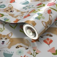 9" corgi floral fabric - dog fabric, corgi fabric, pet fabric, corgi fun fabric - white