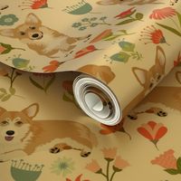 9" corgi floral fabric - dog fabric, corgi fabric, pet fabric, corgi fun fabric - white