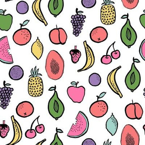 fruits fabric - summer fabric, bright tropical fruits, summer kids fabric, kids clothes fabric, cute fruit design - white