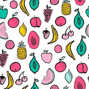 fruits fabric - summer fabric, bright tropical fruits, summer kids fabric, kids clothes fabric, cute fruit design - bright whites