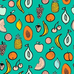 fruits fabric - summer fabric, bright tropical fruits, summer kids fabric, kids clothes fabric, cute fruit design - green