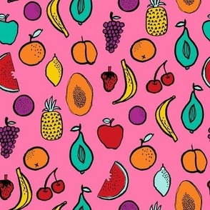 fruits fabric - summer fabric, bright tropical fruits, summer kids fabric, kids clothes fabric, cute fruit design - bright pink