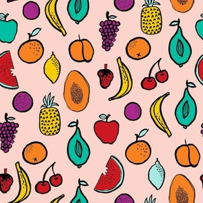 fruits fabric - summer fabric, bright tropical fruits, summer kids fabric, kids clothes fabric, cute fruit design - peach