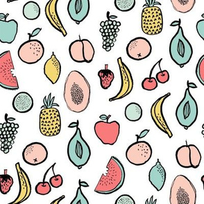 fruits fabric - summer fabric, bright tropical fruits, summer kids fabric, kids clothes fabric, cute fruit design -  coral