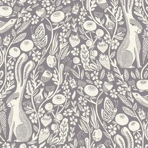 hare linocut fabric - botanical linocut wood block fabric, block print fabric, andrea lauren design - 8b8589