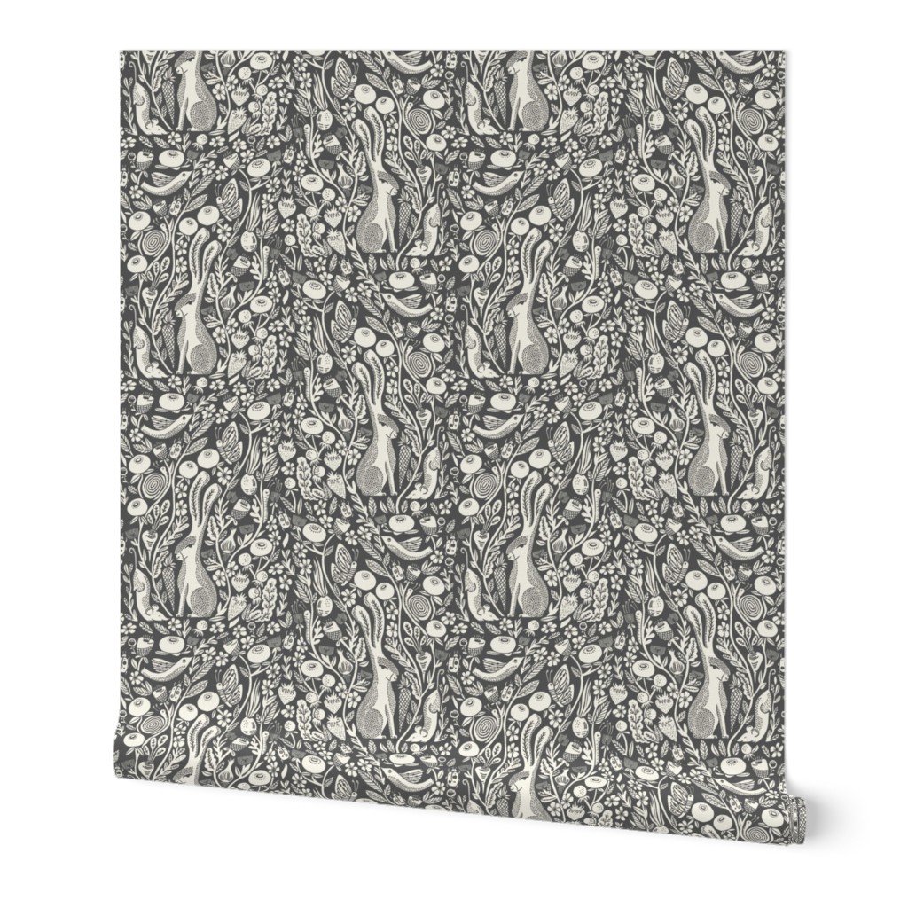 hare linocut fabric - botanical linocut wood block fabric, block print fabric, andrea lauren design - charcoal 555555