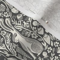 hare linocut fabric - botanical linocut wood block fabric, block print fabric, andrea lauren design - charcoal 555555