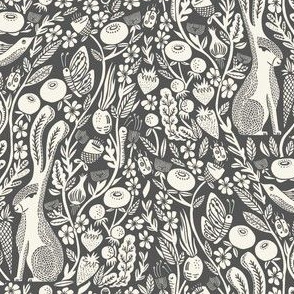 hare linocut fabric - botanical linocut wood block fabric, block print fabric, andrea lauren design - charcoal 555555