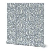 hare linocut fabric - botanical linocut wood block fabric, block print fabric, andrea lauren design - blue 778899