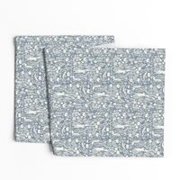 hare linocut fabric - botanical linocut wood block fabric, block print fabric, andrea lauren design - blue 778899