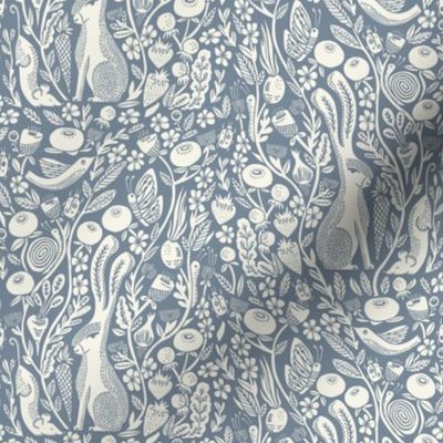 hare linocut fabric - botanical linocut wood block fabric, block print fabric, andrea lauren design - blue 778899