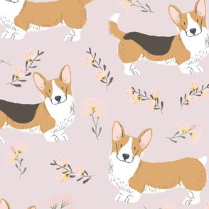 9" corgi floral fabric - dog fabric, corgi fabric, pet fabric, corgi fun fabric - pink