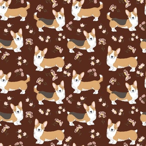 9" corgi floral fabric - dog fabric, corgi fabric, pet fabric, corgi fun fabric - brown