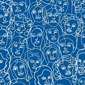 face fabric - black and white line drawing fabric, continuous line fabric, figure drawing fabric, art school fabric, women fabric, face fabric - blue