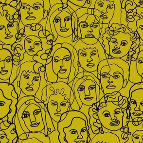 face fabric - black and white line drawing fabric, continuous line fabric, figure drawing fabric, art school fabric, women fabric, face fabric - yellow