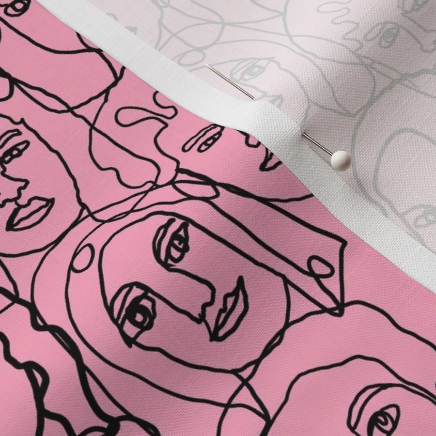 face fabric - black and white line drawing fabric, continuous line fabric, figure drawing fabric, art school fabric, women fabric, face fabric -pink