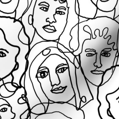 LARGE face fabric - black and white line drawing fabric, continuous line fabric, figure drawing fabric, art school fabric, women fabric, face fabric - black and white