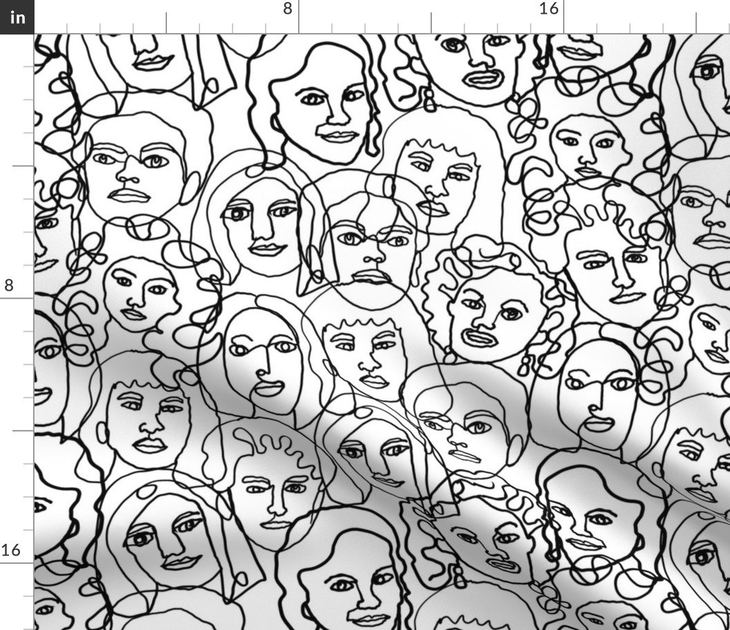 LARGE face fabric - black and white line drawing fabric, continuous line fabric, figure drawing fabric, art school fabric, women fabric, face fabric - black and white