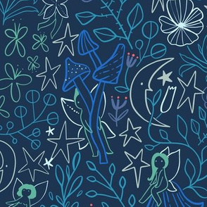 Midsummer nights dream pattern design. Magic elf and fairy creatures in the botanical garden.