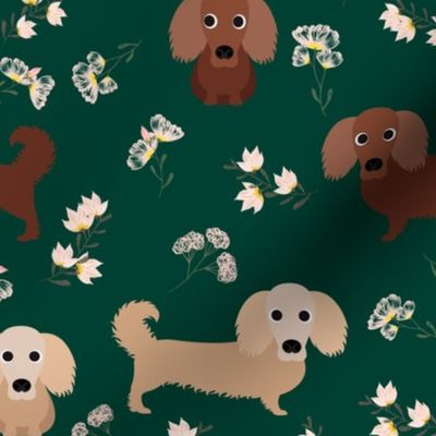 9" dachshund floral fabric - dog fabric, dachshund fabric, pet fabric, dachshund fun fabric - green