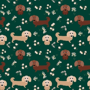 9" dachshund floral fabric - dog fabric, dachshund fabric, pet fabric, dachshund fun fabric - green