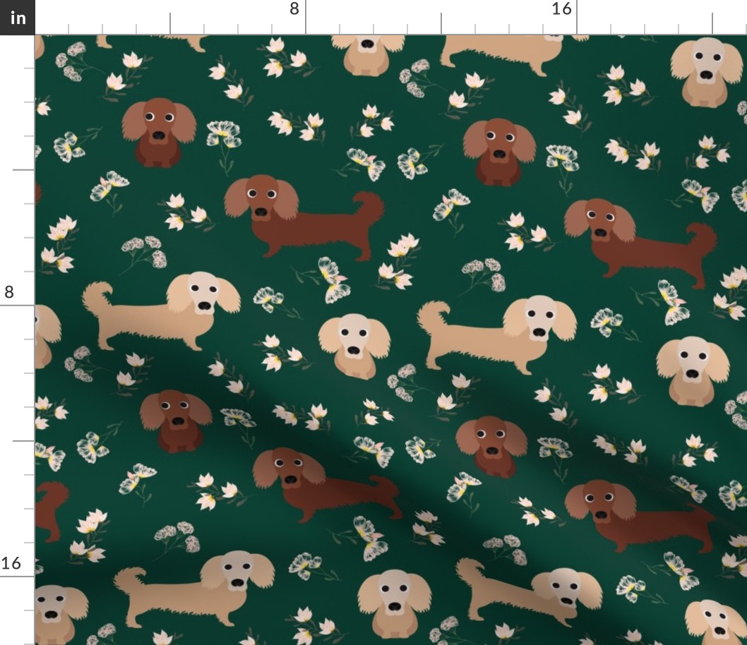 9" dachshund floral fabric - dog fabric, dachshund fabric, pet fabric, dachshund fun fabric - green