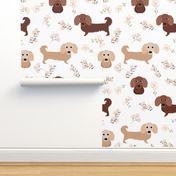 9" dachshund floral fabric - dog fabric, dachshund fabric, pet fabric, dachshund fun fabric - white