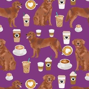 golden retriever coffee fabric - dog breed fabric, dog fabric, retriever dog fabric, dog fabric - coffee - purple