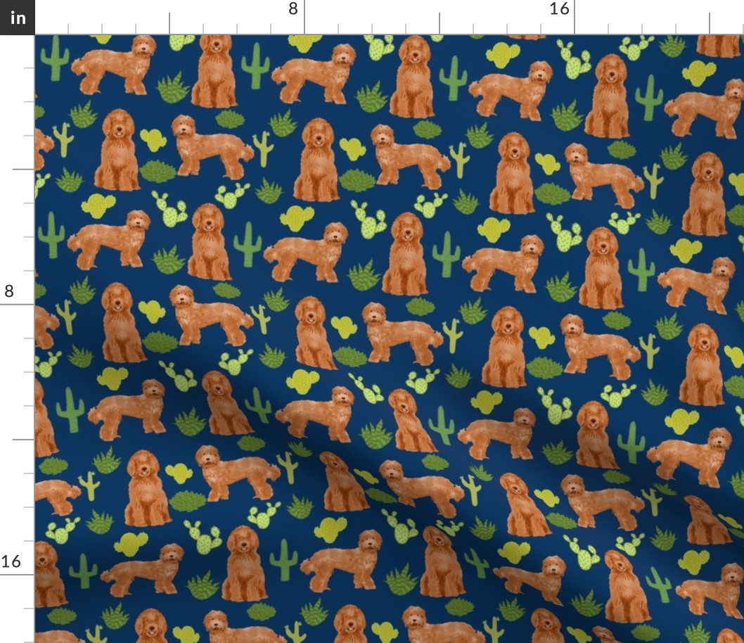 labradoodle fabric - apricot doodle fabric, dog fabric, dogs fabric, cactus fabric, dog design - navy