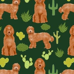 labradoodle fabric - apricot doodle fabric, dog fabric, dogs fabric, cactus fabric, dog design - dark green