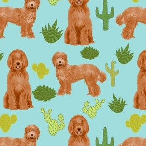 labradoodle fabric - apricot doodle fabric, dog fabric, dogs fabric, cactus fabric, dog design - light blue
