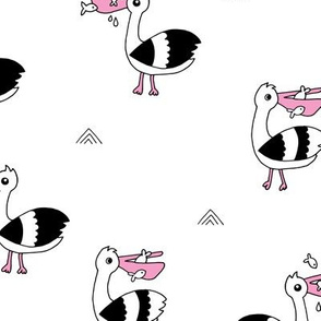 Little Pelican and fish friends of the sea summer black and white scandinavian birds girls pink