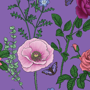 Botanical Floral Fabric - Purple