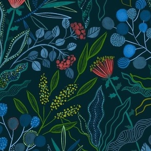 Dark Botanical Australian flora design. Plants, leaves and flowers.