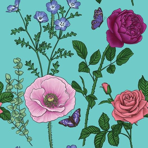 Botanical Flower Art Fabric - Light Blue Green