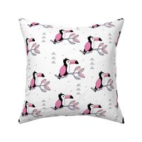 Quirky jungle toucan birds sweet wild life rainforest animals illustration and leaves summer pink girls