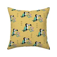 Quirky jungle toucan birds sweet wild life rainforest animals illustration and leaves summer mustard yellow pink blue