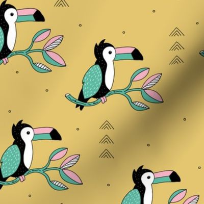 Quirky jungle toucan birds sweet wild life rainforest animals illustration and leaves summer mustard yellow pink blue