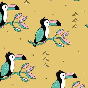 Quirky jungle toucan birds sweet wild life rainforest animals illustration and leaves summer mustard yellow pink blue