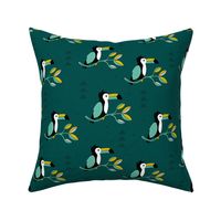 Quirky jungle toucan birds sweet wild life rainforest animals illustration and leaves summer teal mustard yellow boys