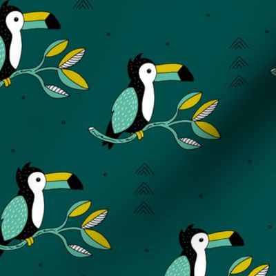 Quirky jungle toucan birds sweet wild life rainforest animals illustration and leaves summer teal mustard yellow boys