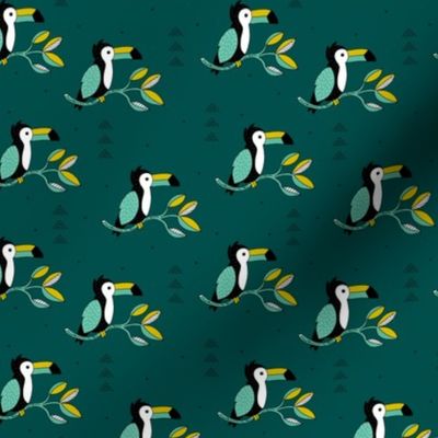 Quirky jungle toucan birds sweet wild life rainforest animals illustration and leaves summer teal mustard yellow boys SMALL