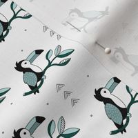 Quirky jungle toucan birds sweet wild life rainforest animals illustration and leaves summer blue gray boys SMALL