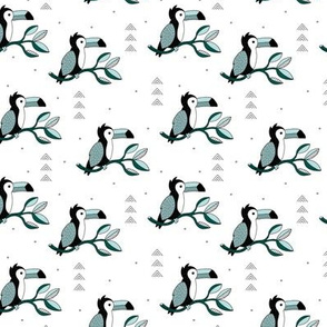 Quirky jungle toucan birds sweet wild life rainforest animals illustration and leaves summer blue gray boys SMALL