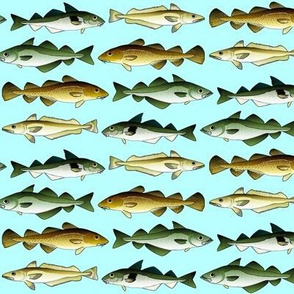 4 Cod fishes on sea blue