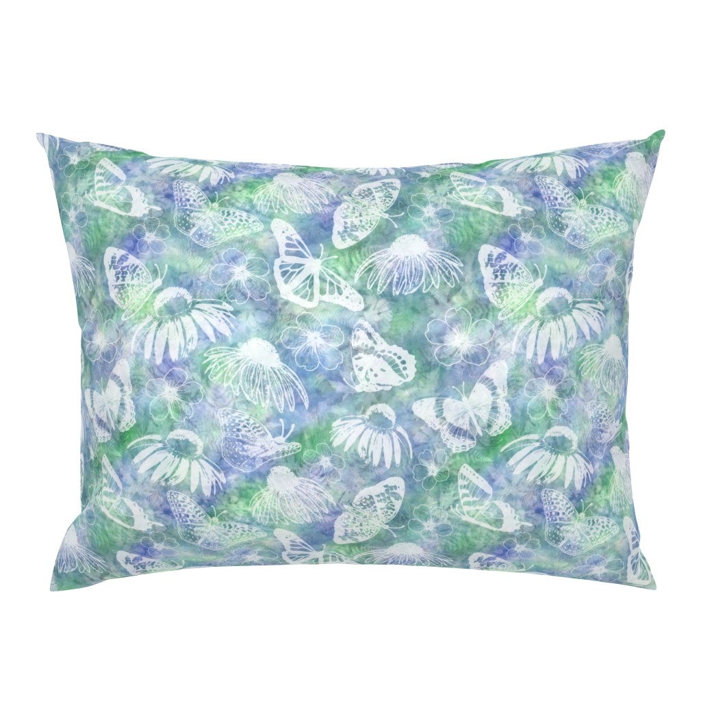 Med Soft Echinaceas and Butterflies on Blue Green Sunprint Texture