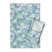 Med Soft Echinaceas and Butterflies on Blue Green Sunprint Texture